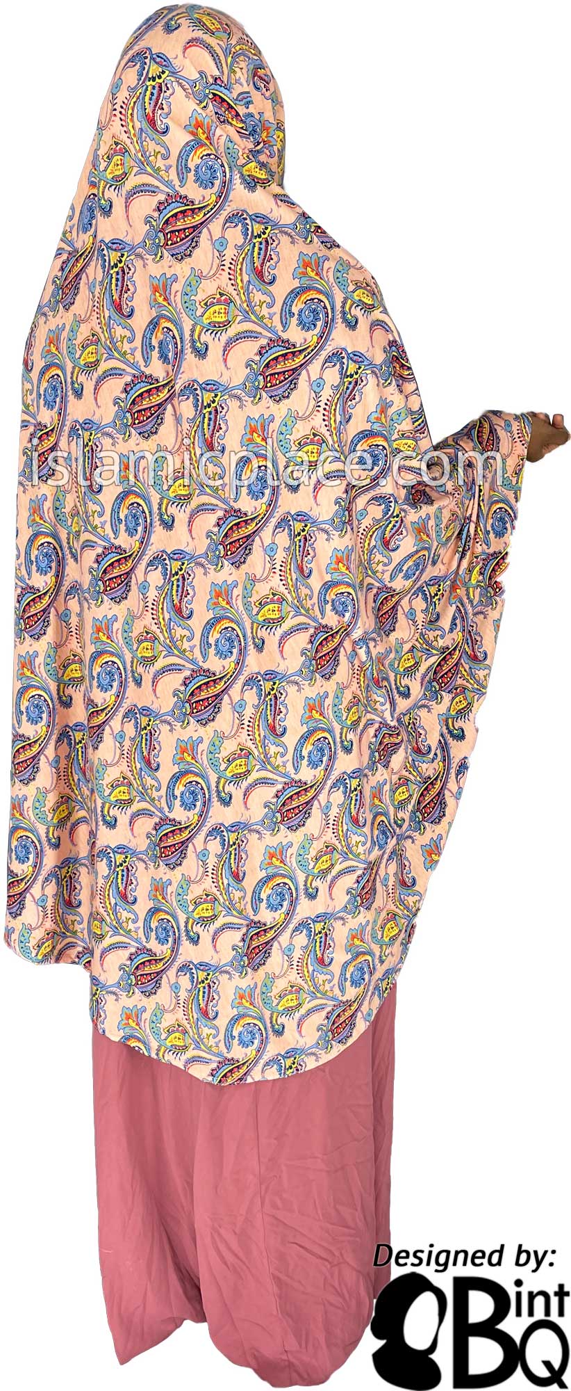 Sky Blue and Yellow Paisley on Pale Pink Base - Printed Overhead Khimar - Extra Long Knee Length