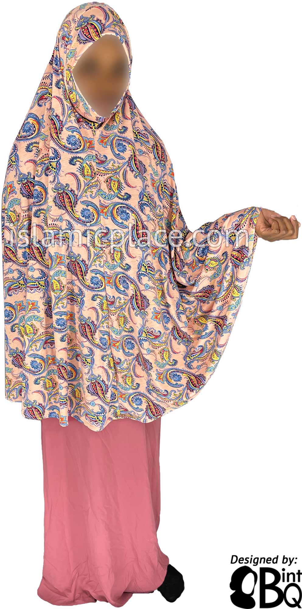 Sky Blue and Yellow Paisley on Pale Pink Base - Printed Overhead Khimar - Extra Long Knee Length