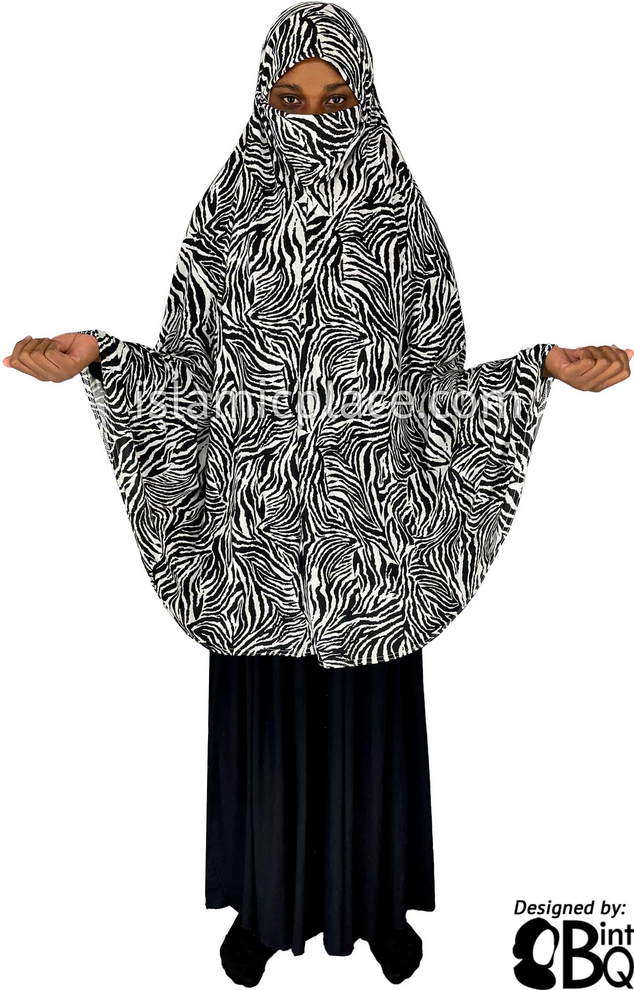 Black and White Zebra Print - Printed Overhead Khimar - Extra Long Knee Length