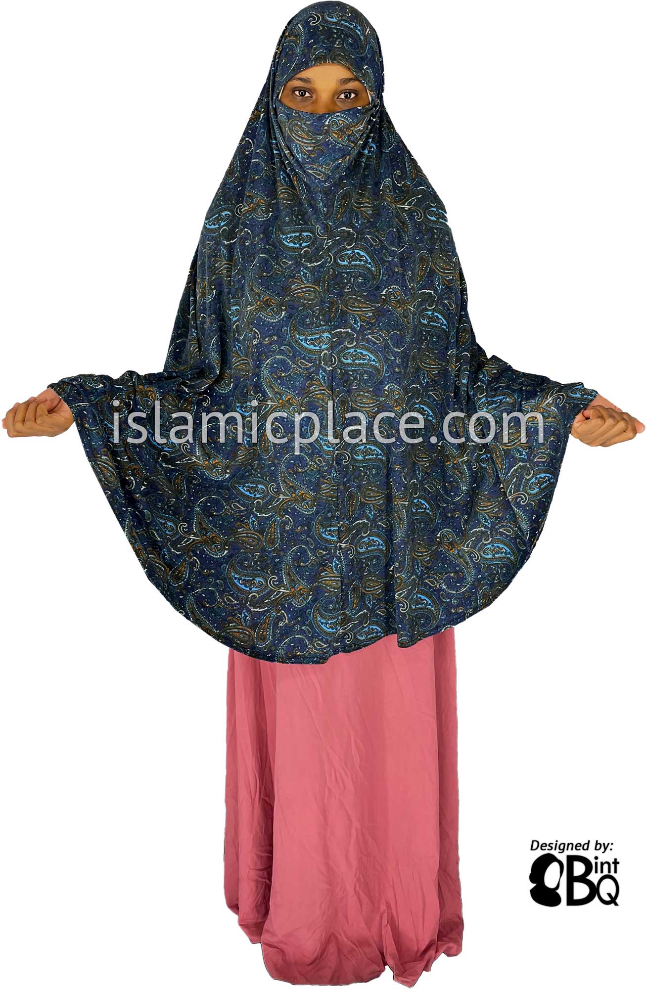 Rust and Blue Paisley on Navy Blue Base - Printed Overhead Khimar - Extra Long Knee Length