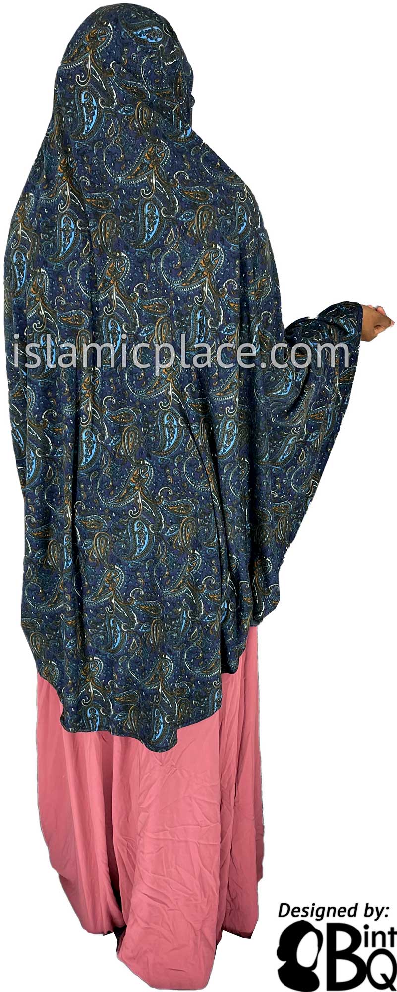 Rust and Blue Paisley on Navy Blue Base - Printed Overhead Khimar - Extra Long Knee Length