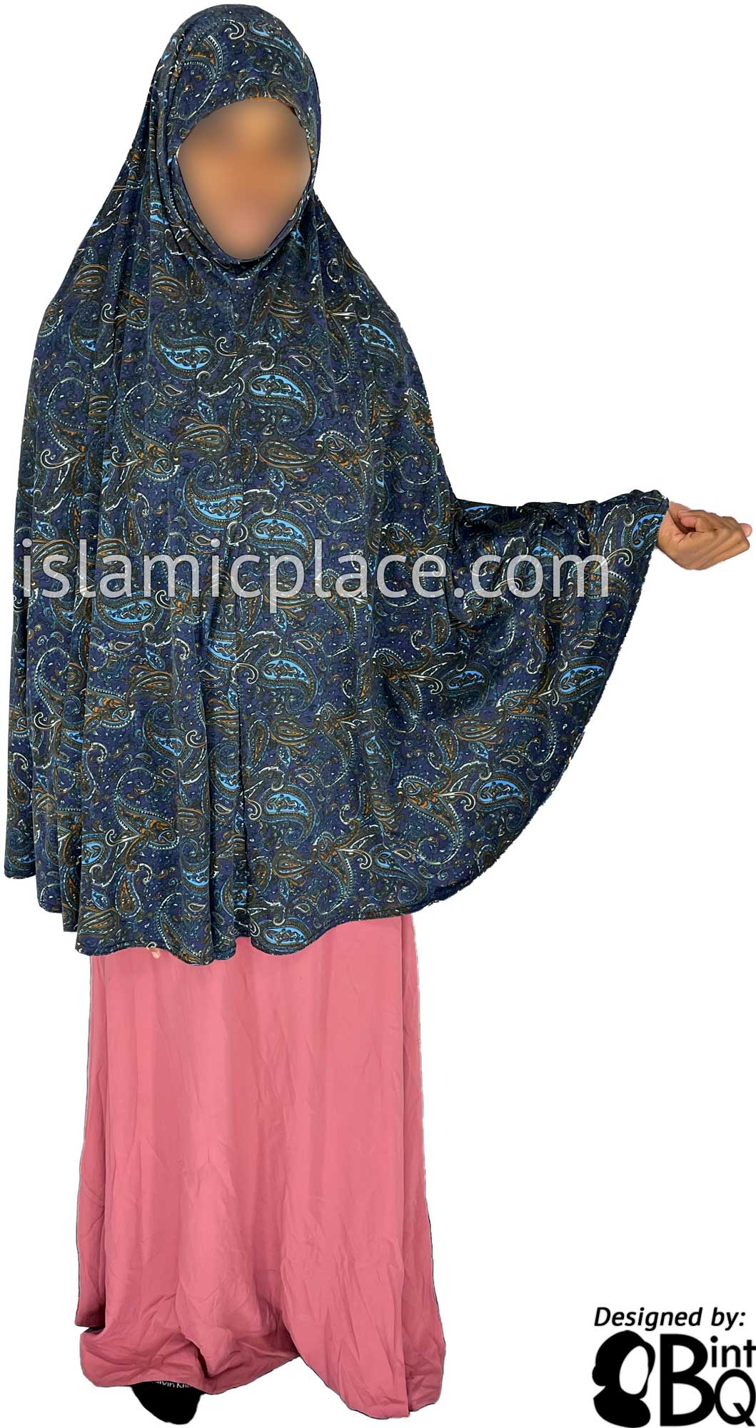Rust and Blue Paisley on Navy Blue Base - Printed Overhead Khimar - Extra Long Knee Length