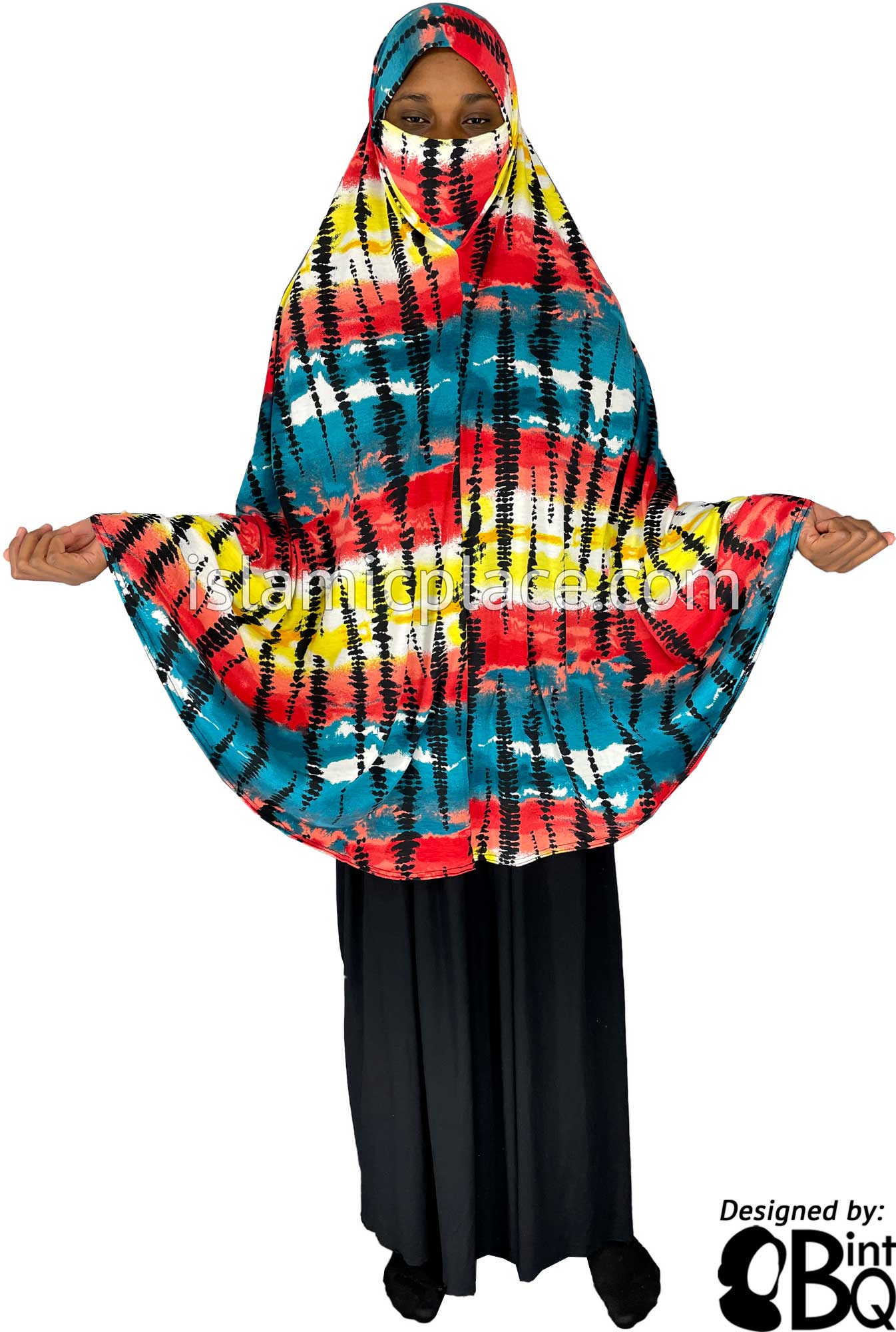 Teal Blue, Red, Yellow and Black Tie-Dye Design - Printed Overhead Khimar - Extra Long Knee Length