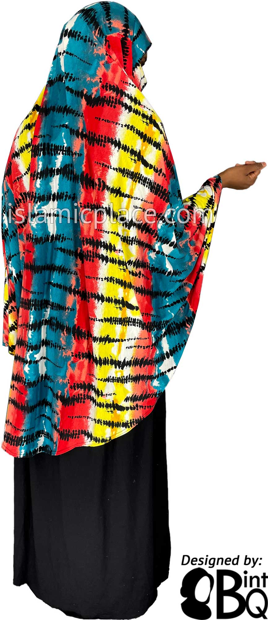 Teal Blue, Red, Yellow and Black Tie-Dye Design - Printed Overhead Khimar - Extra Long Knee Length