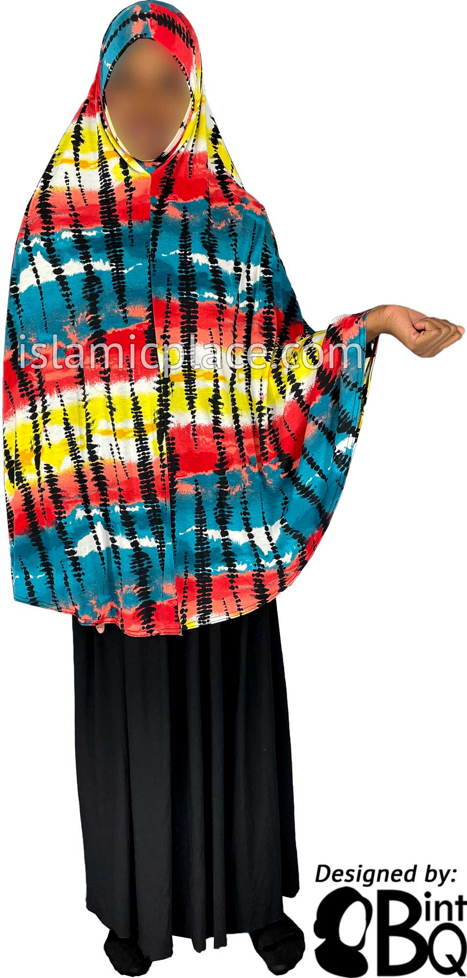 Teal Blue, Red, Yellow and Black Tie-Dye Design - Printed Overhead Khimar - Extra Long Knee Length