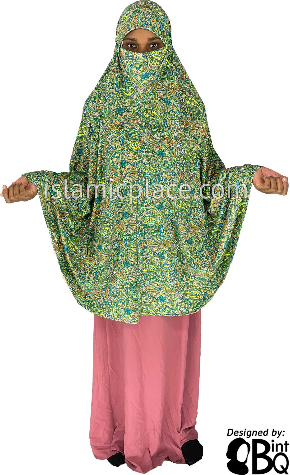 Shades of Green, Blue and Orange Paisley on Oyster Base - Printed Overhead Khimar - Extra Long Knee Length