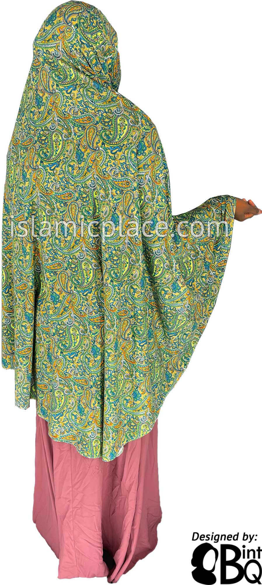 Shades of Green, Blue and Orange Paisley on Oyster Base - Printed Overhead Khimar - Extra Long Knee Length