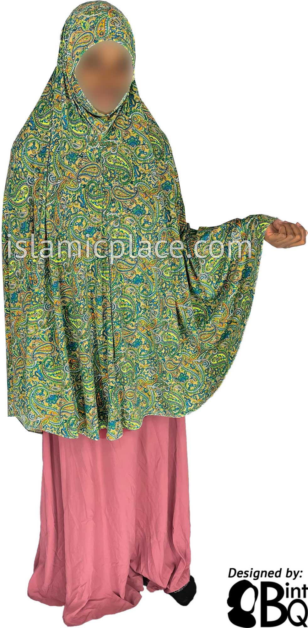 Shades of Green, Blue and Orange Paisley on Oyster Base - Printed Overhead Khimar - Extra Long Knee Length