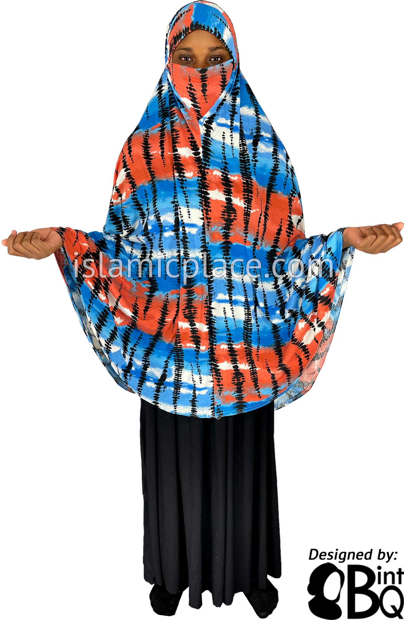 Shades of Blue, Clay Red and Black Tie-Dye Design - Printed Overhead Khimar - Extra Long Knee Length