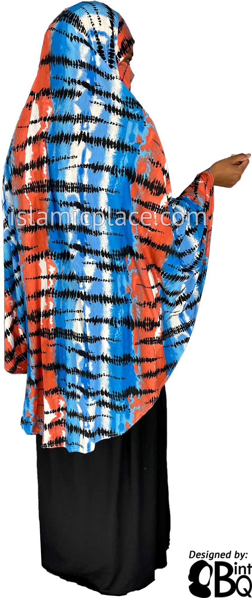 Shades of Blue, Clay Red and Black Tie-Dye Design - Printed Overhead Khimar - Extra Long Knee Length