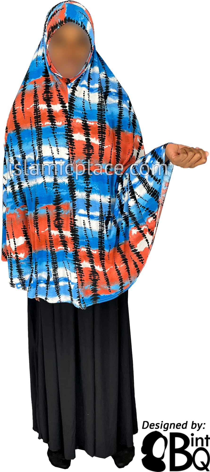 Shades of Blue, Clay Red and Black Tie-Dye Design - Printed Overhead Khimar - Extra Long Knee Length