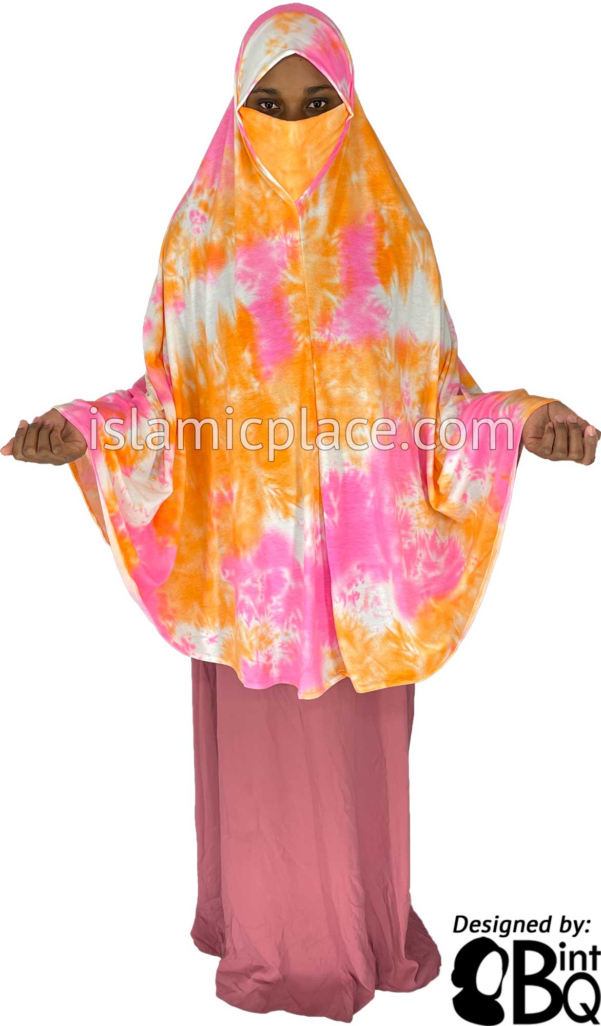 Orange, Pink and White Tie-Dye Design - Printed Overhead Khimar - Extra Long Knee Length