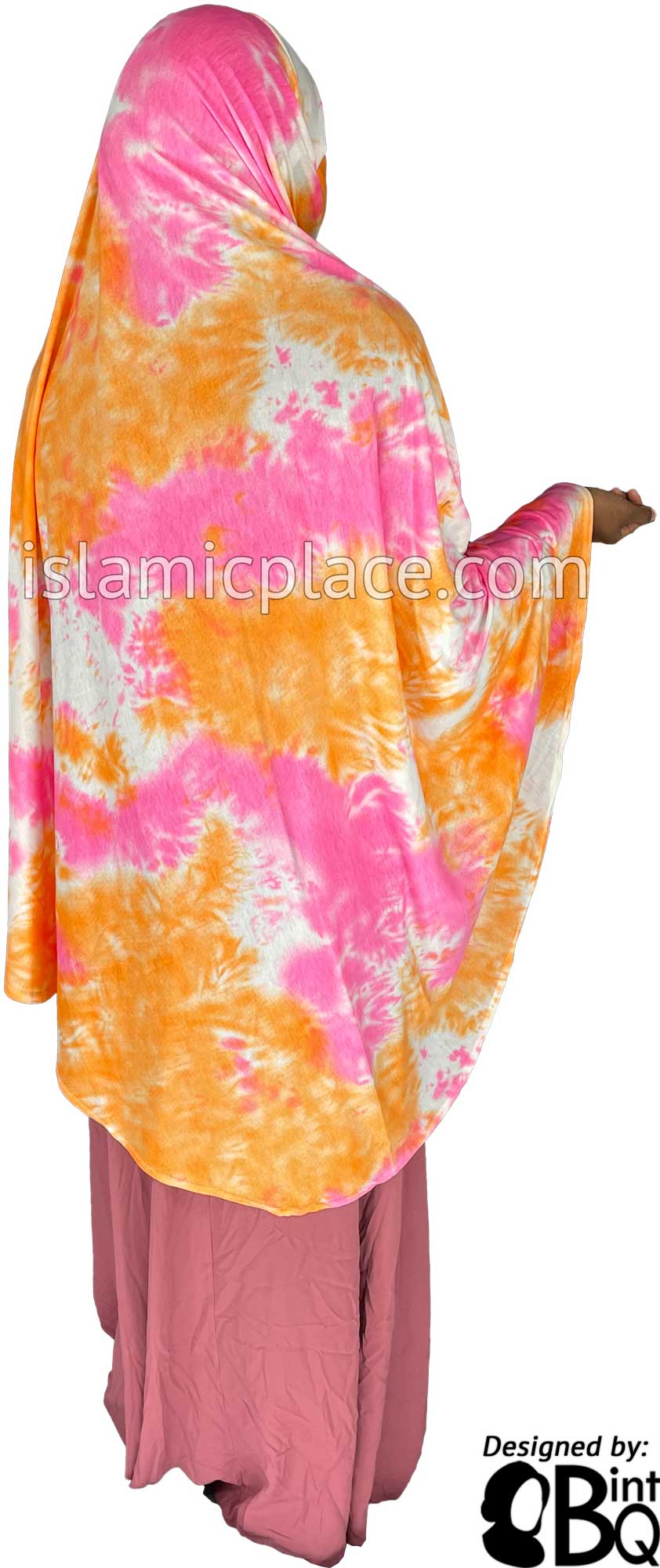 Orange, Pink and White Tie-Dye Design - Printed Overhead Khimar - Extra Long Knee Length