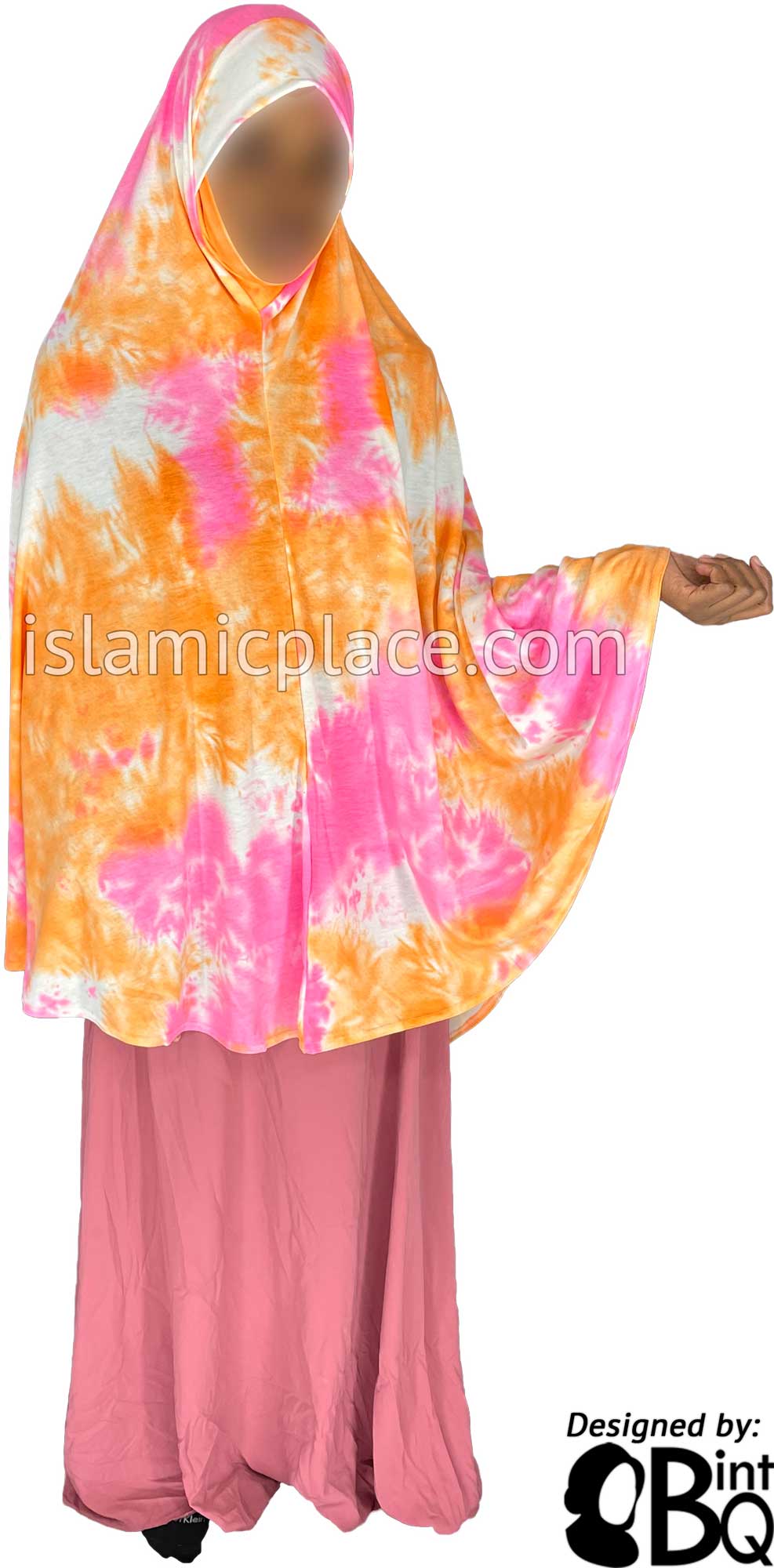 Orange, Pink and White Tie-Dye Design - Printed Overhead Khimar - Extra Long Knee Length