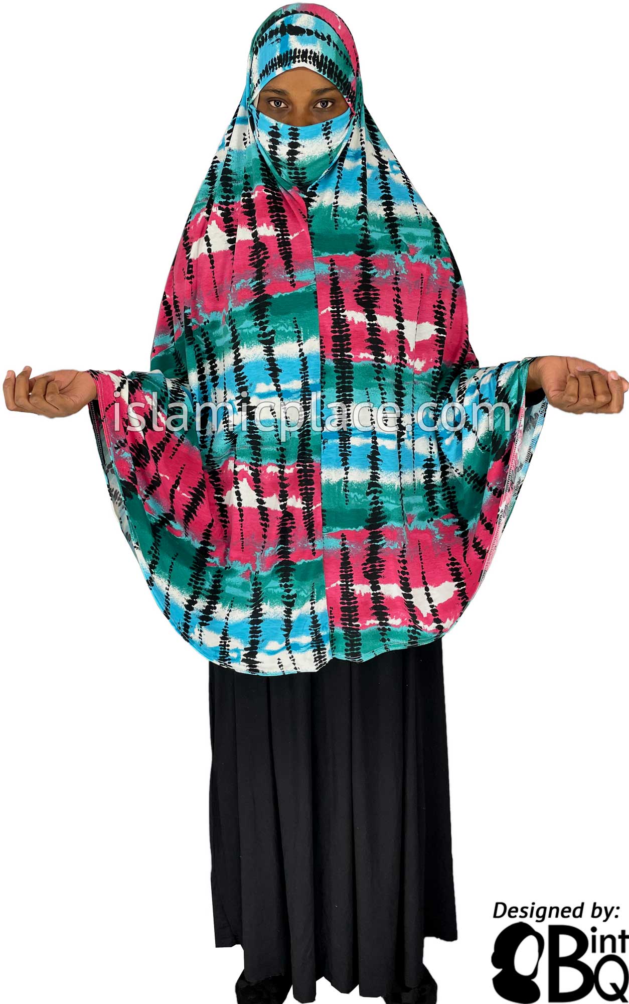 Green, Fuchsia Pink, Blue and Black Tie-Dye Design - Printed Overhead Khimar - Extra Long Knee Length