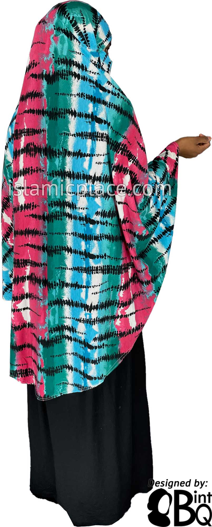 Green, Fuchsia Pink, Blue and Black Tie-Dye Design - Printed Overhead Khimar - Extra Long Knee Length