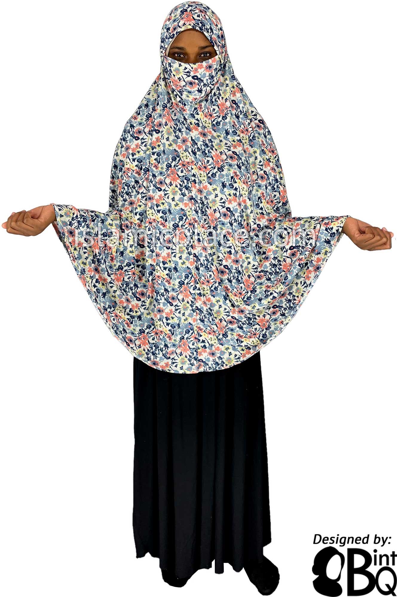 Navy Blue, Coral, and Yellow Floral Design - Printed Overhead Khimar - Extra Long Knee Length