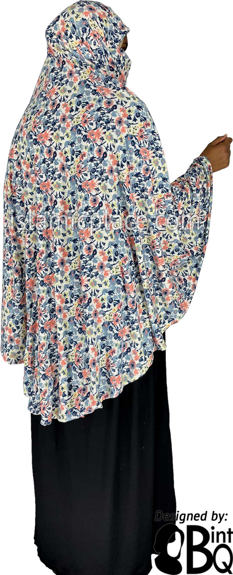 Navy Blue, Coral, and Yellow Floral Design - Printed Overhead Khimar - Extra Long Knee Length