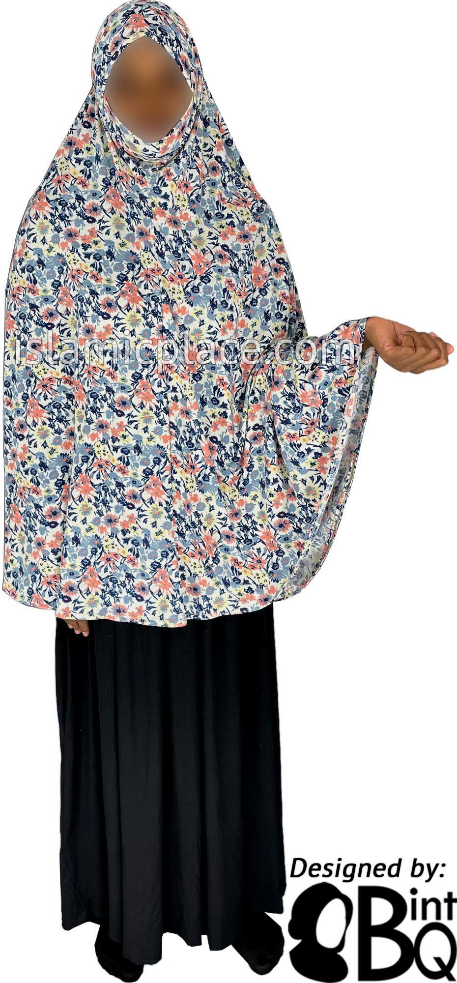 Navy Blue, Coral, and Yellow Floral Design - Printed Overhead Khimar - Extra Long Knee Length