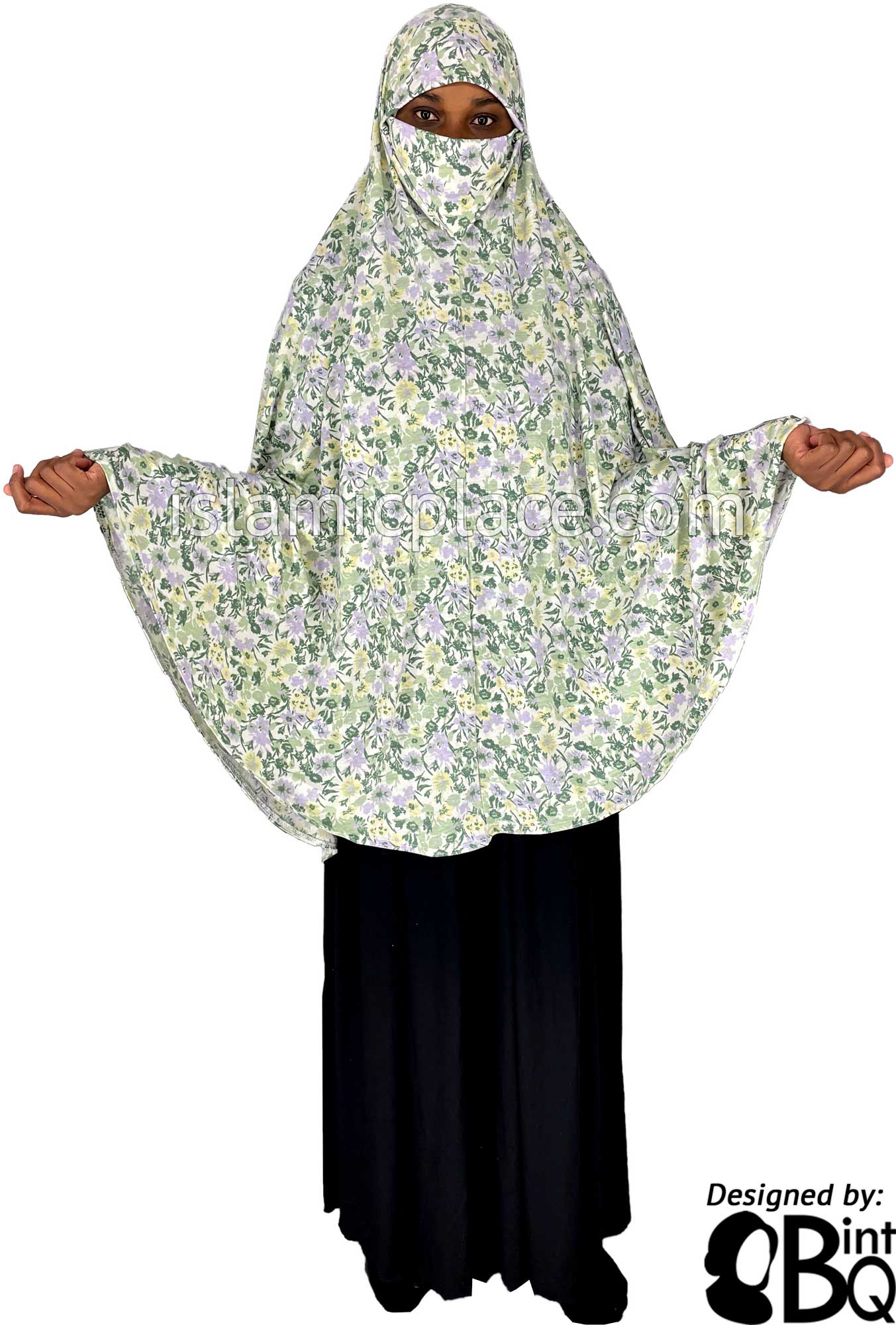 Green, Yellow and Lavender Floral Design - Printed Overhead Khimar - Extra Long Knee Length