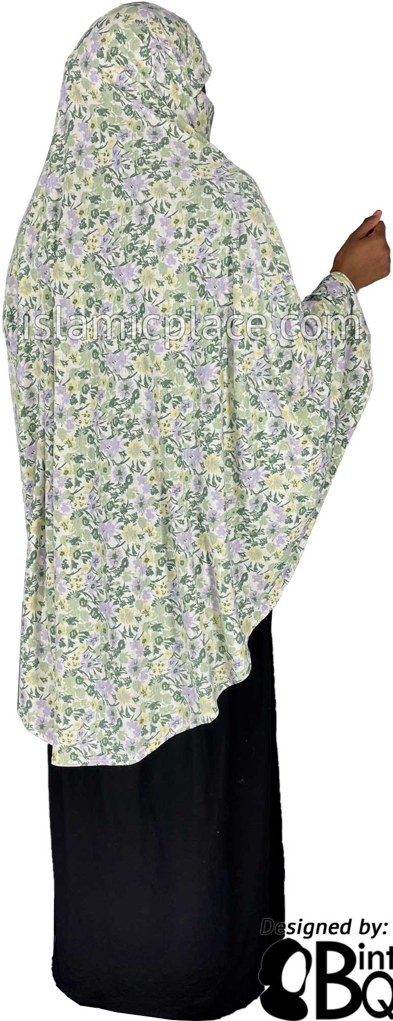Green, Yellow and Lavender Floral Design - Printed Overhead Khimar - Extra Long Knee Length