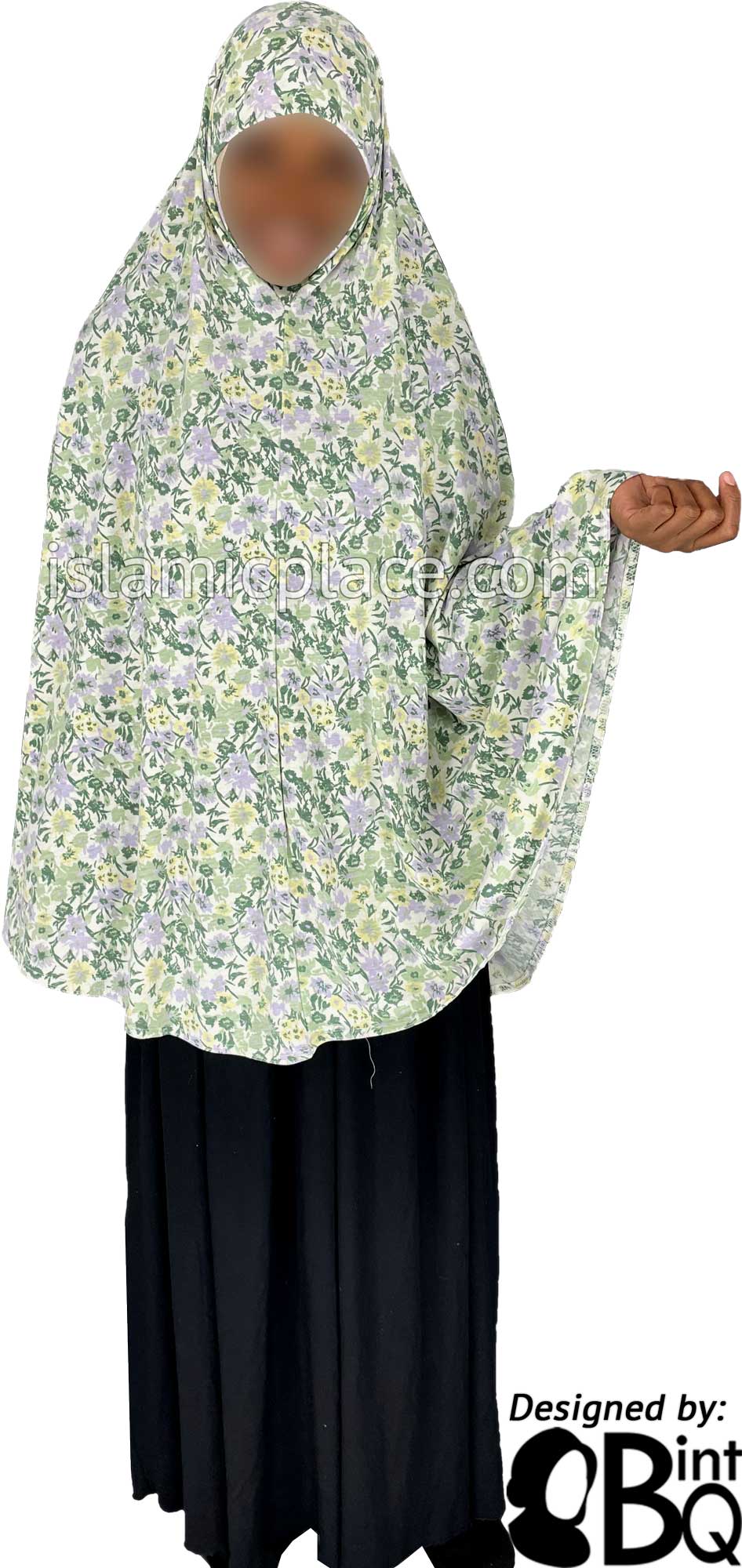 Green, Yellow and Lavender Floral Design - Printed Overhead Khimar - Extra Long Knee Length