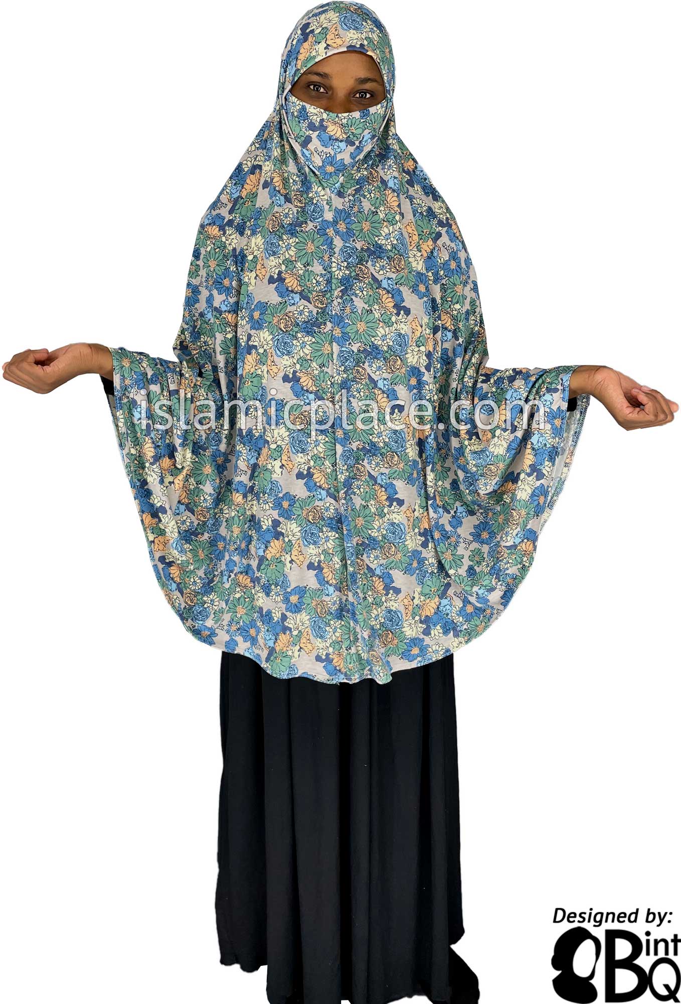 Shades of Blue, Ocean Green, and Yellow Floral Design on Gray Base - Printed Overhead Khimar - Extra Long Knee Length