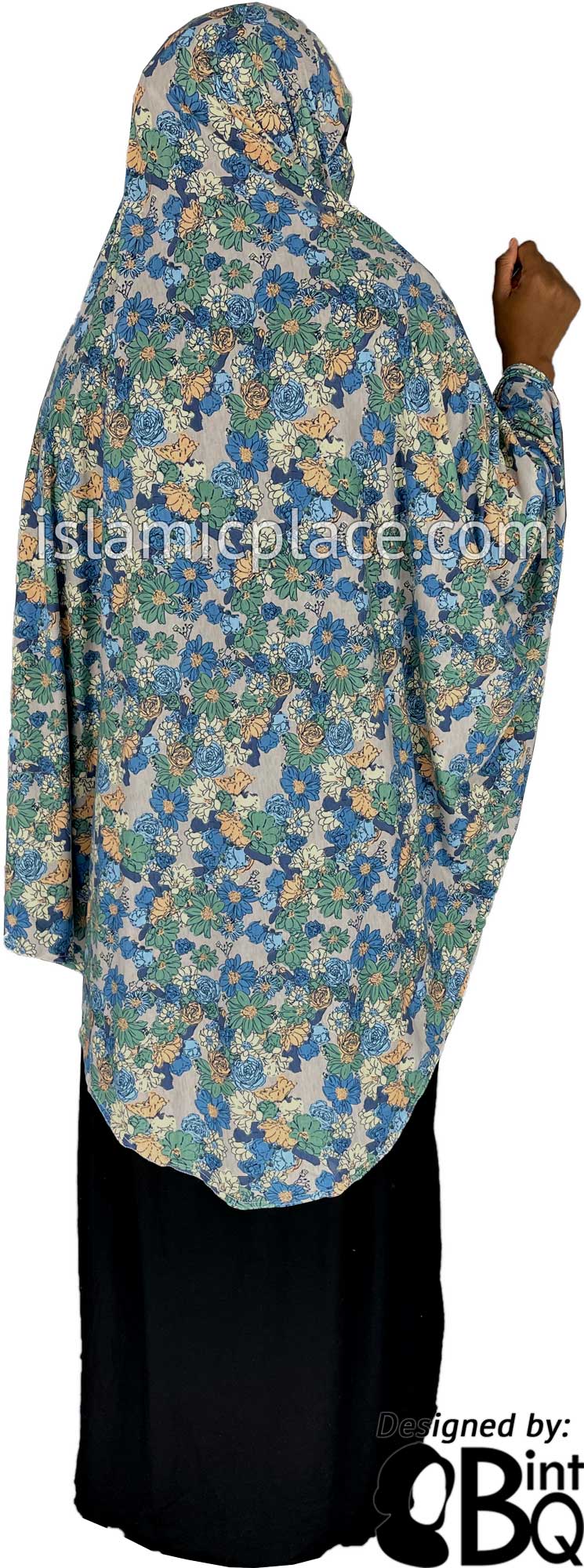 Shades of Blue, Ocean Green, and Yellow Floral Design on Gray Base - Printed Overhead Khimar - Extra Long Knee Length