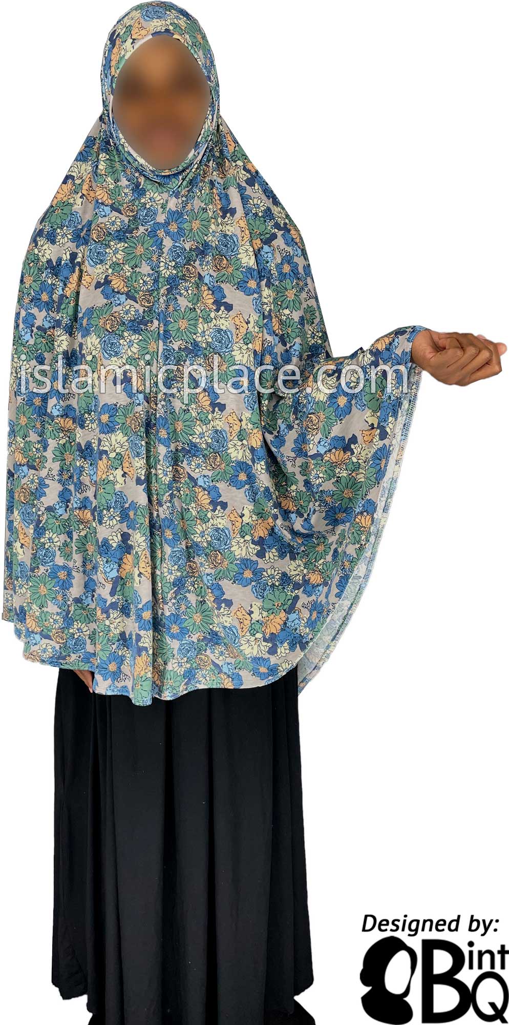 Shades of Blue, Ocean Green, and Yellow Floral Design on Gray Base - Printed Overhead Khimar - Extra Long Knee Length