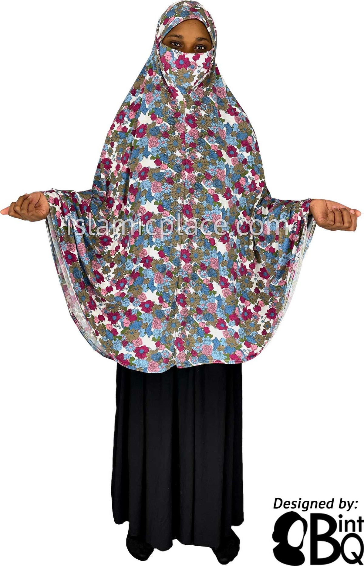 Shades of Pink, Blue, Green and Brown Floral Design on White Base - Printed Overhead Khimar - Extra Long Knee Length