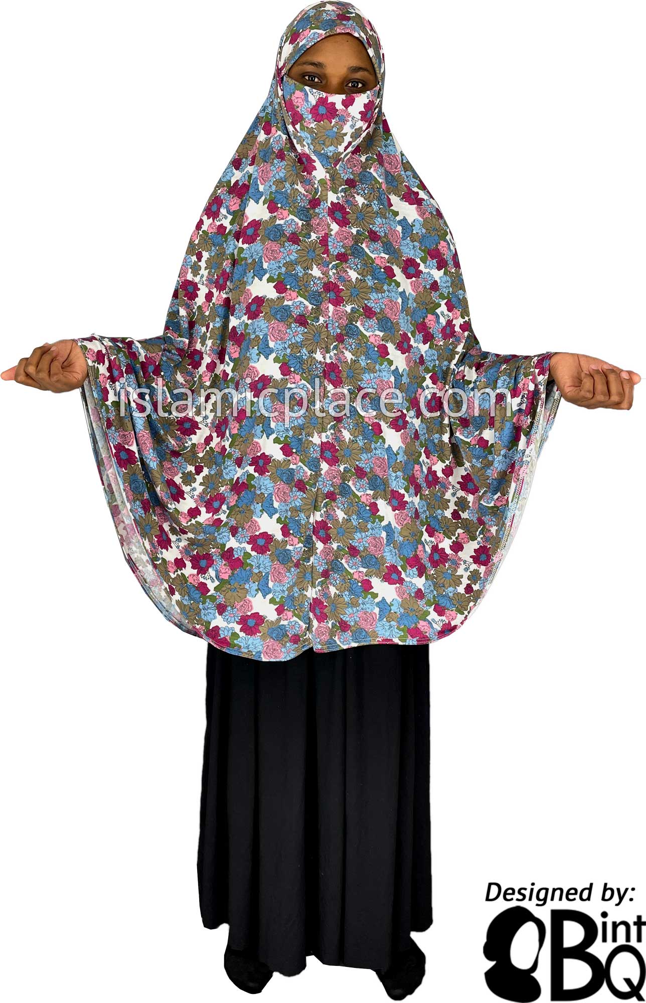 Shades of Pink, Blue, Green and Brown Floral Design on White Base - Printed Overhead Khimar - Extra Long Knee Length