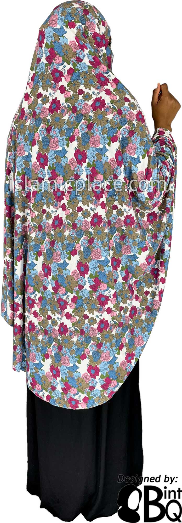 Shades of Pink, Blue, Green and Brown Floral Design on White Base - Printed Overhead Khimar - Extra Long Knee Length