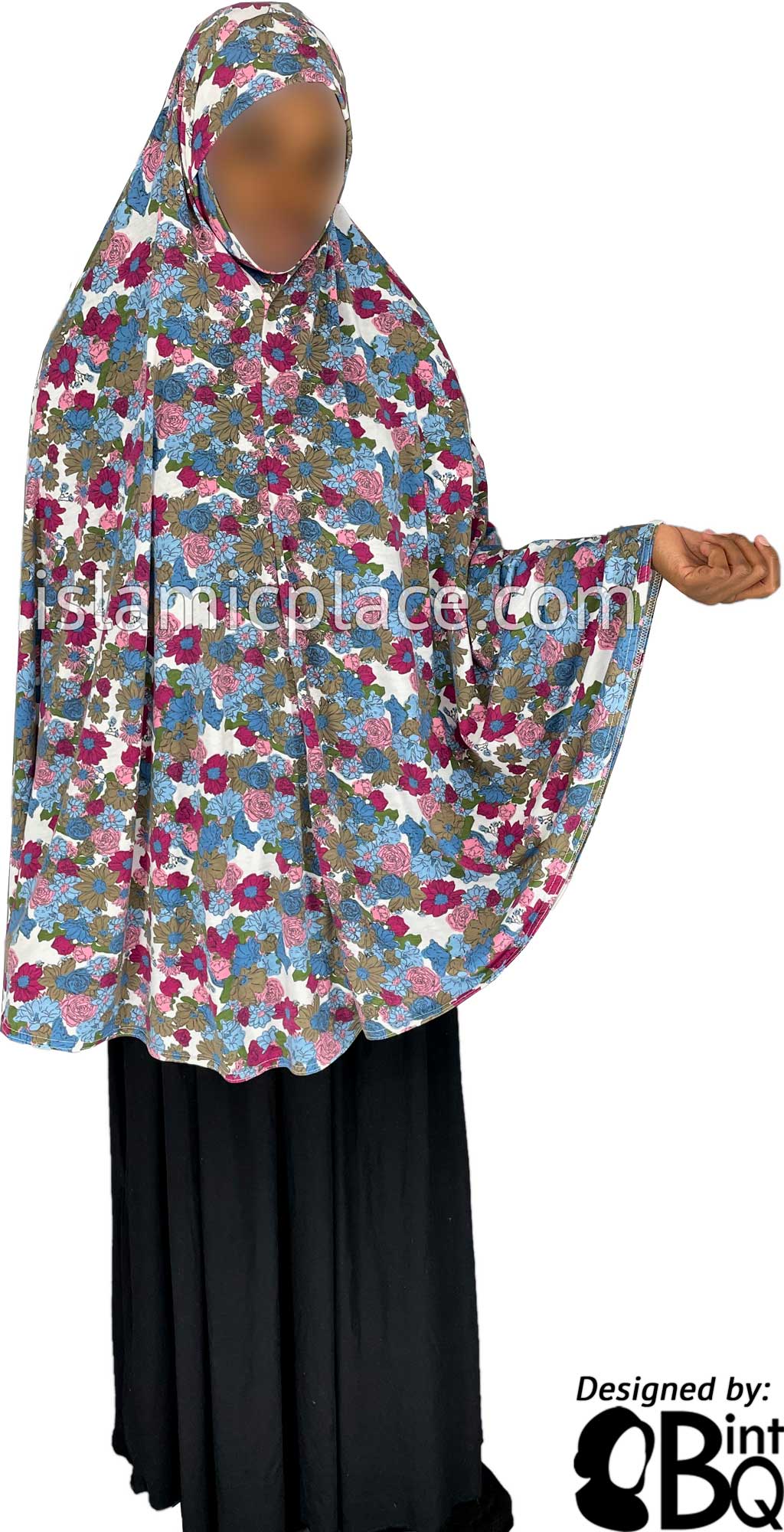 Shades of Pink, Blue, Green and Brown Floral Design on White Base - Printed Overhead Khimar - Extra Long Knee Length