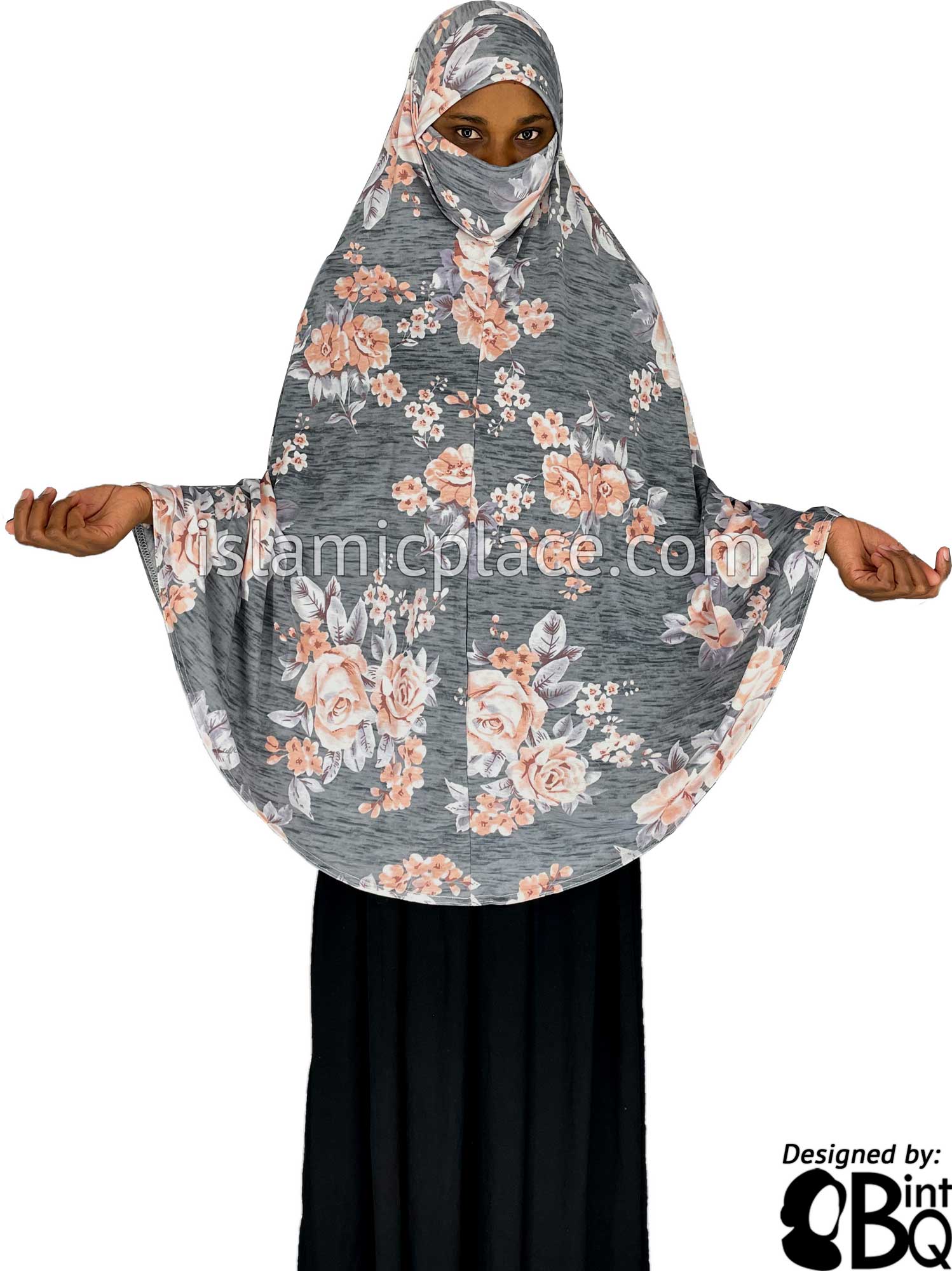 White and Light Coral Floral Design on Gray Base - Printed Overhead Khimar - Extra Long Knee Length