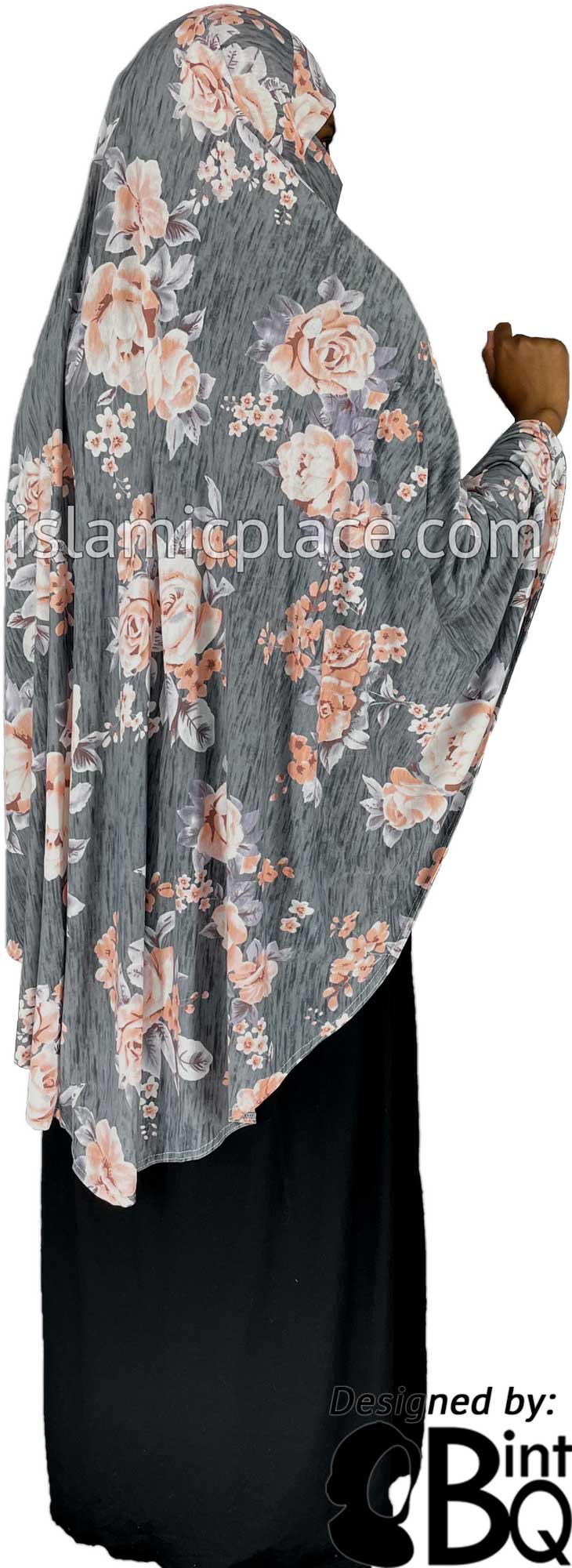 White and Light Coral Floral Design on Gray Base - Printed Overhead Khimar - Extra Long Knee Length
