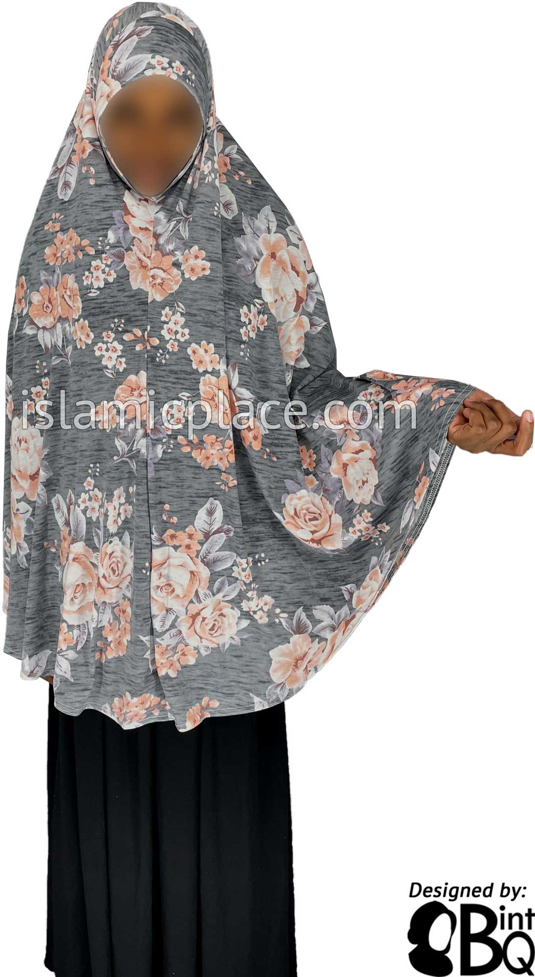 White and Light Coral Floral Design on Gray Base - Printed Overhead Khimar - Extra Long Knee Length