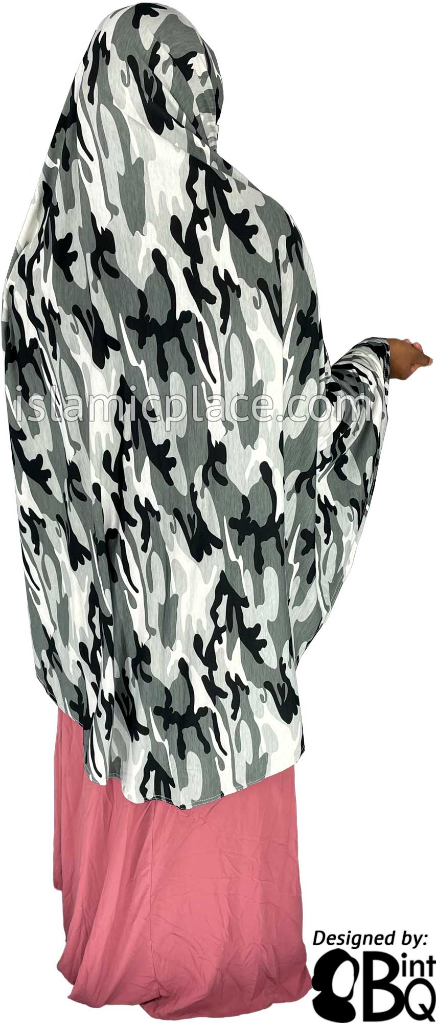 Black, Charcoal Gray and Silver Gray Cameoflage Design - Printed Overhead Khimar - Extra Long Knee Length