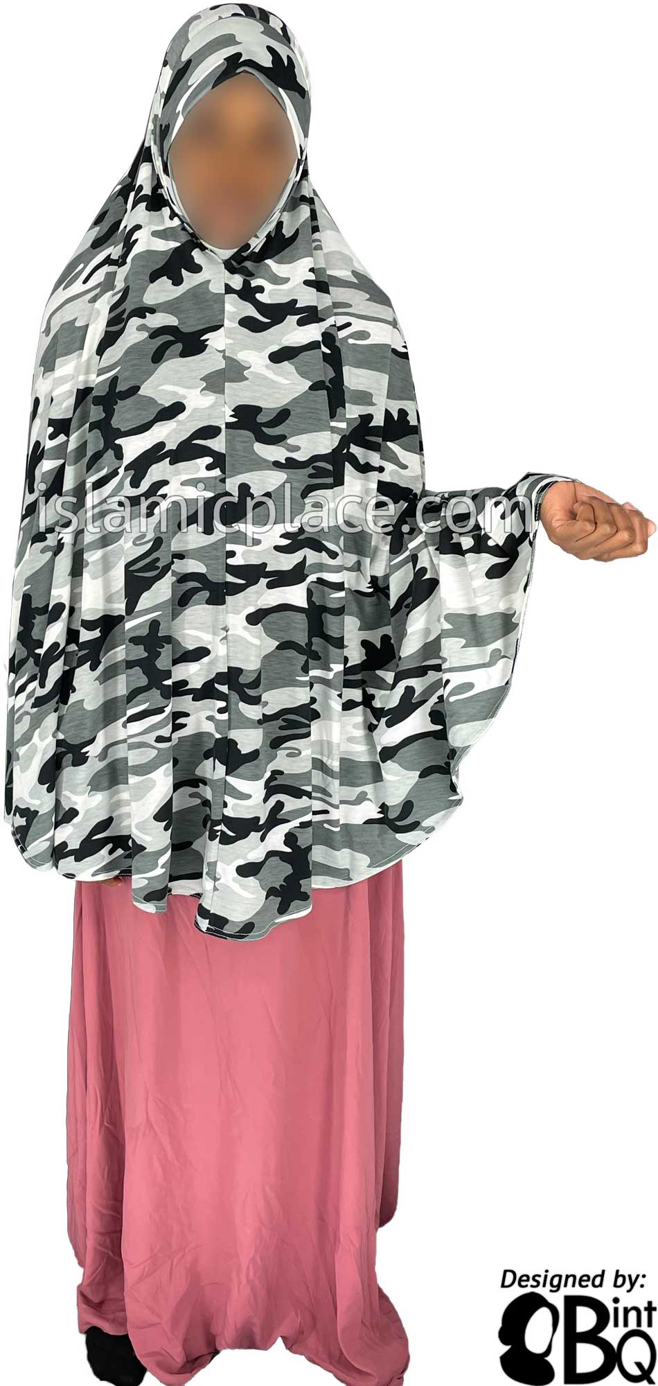 Black, Charcoal Gray and Silver Gray Cameoflage Design - Printed Overhead Khimar - Extra Long Knee Length