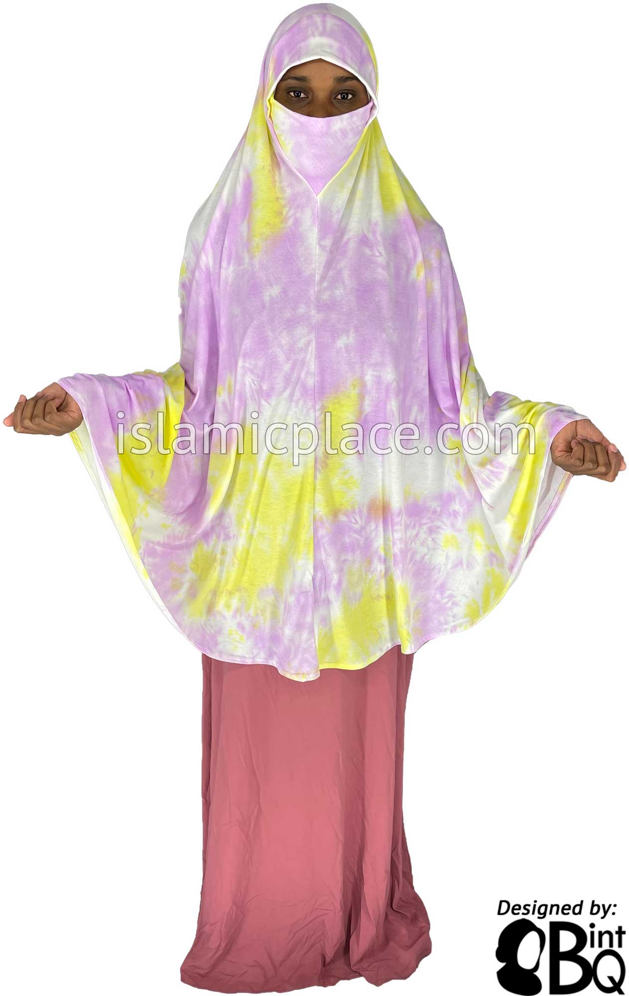 Light Cabaret, Yellow and White Tie-Dye Design - Printed Overhead Khimar - Extra Long Knee Length