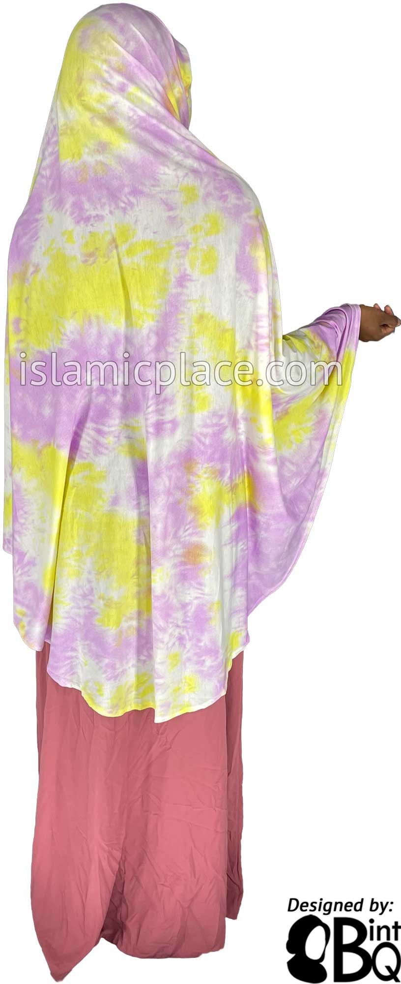 Light Cabaret, Yellow and White Tie-Dye Design - Printed Overhead Khimar - Extra Long Knee Length