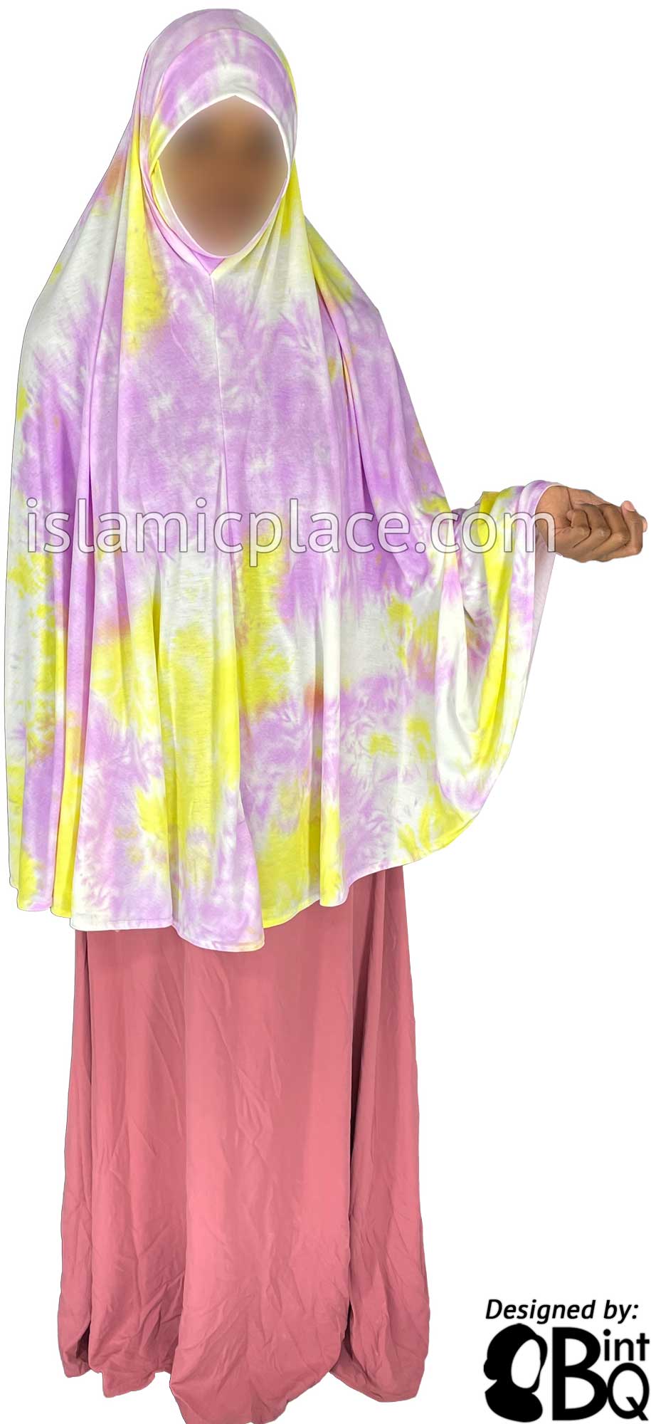 Light Cabaret, Yellow and White Tie-Dye Design - Printed Overhead Khimar - Extra Long Knee Length