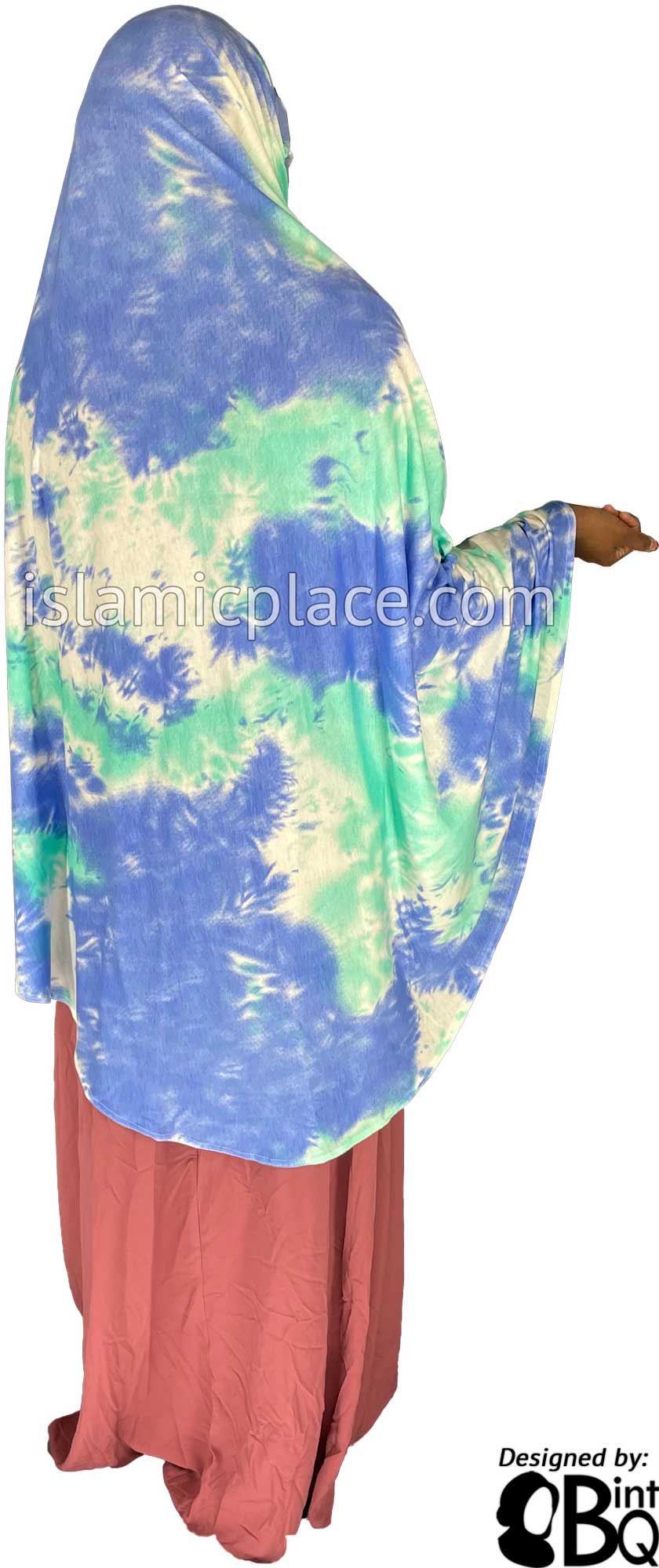 Blue, Ocean Green and White Tie-Dye Design - Printed Overhead Khimar - Extra Long Knee Length