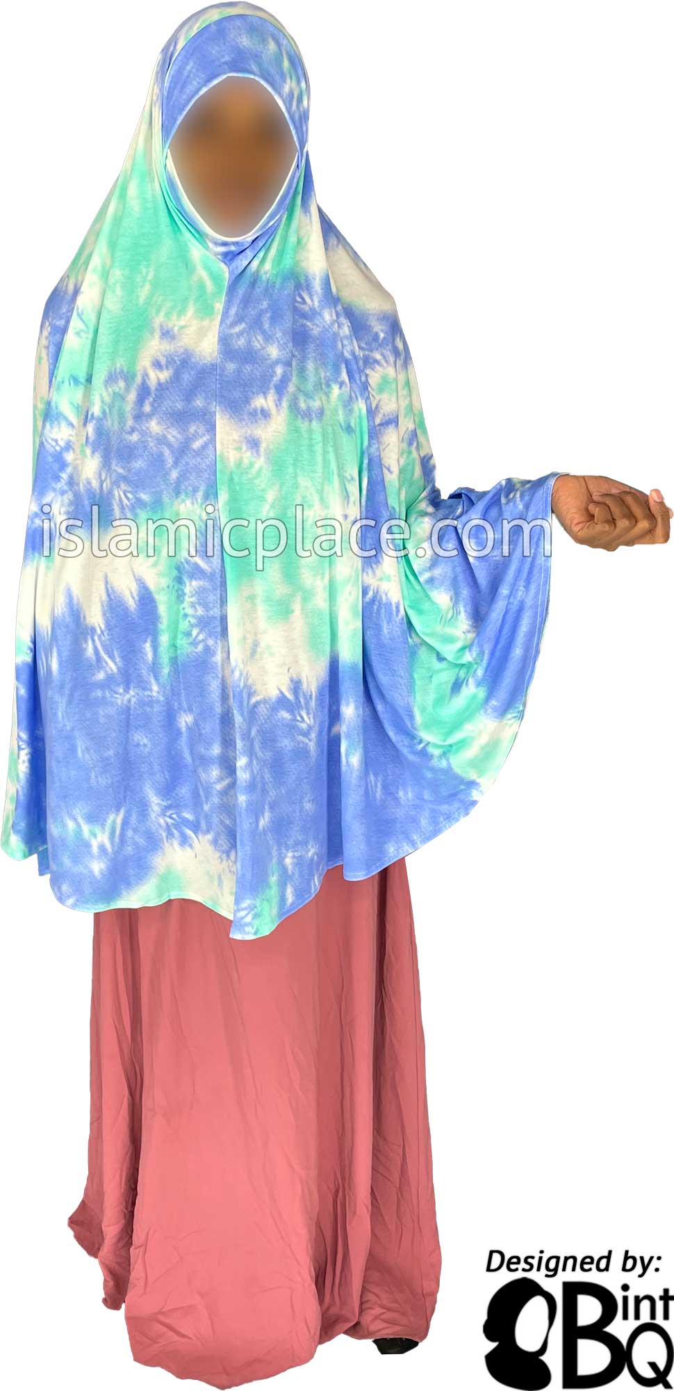 Blue, Ocean Green and White Tie-Dye Design - Printed Overhead Khimar - Extra Long Knee Length
