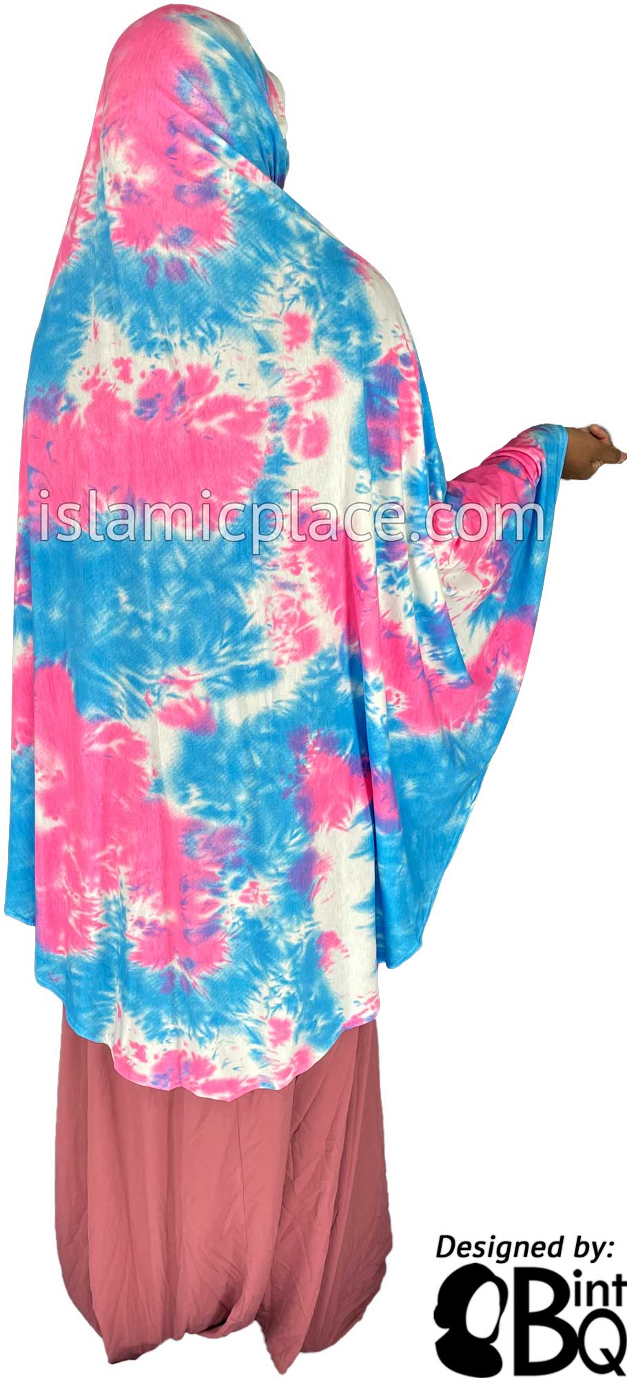 Sky Blue, Pink and White Tie-Dye Design - Printed Overhead Khimar - Extra Long Knee Length