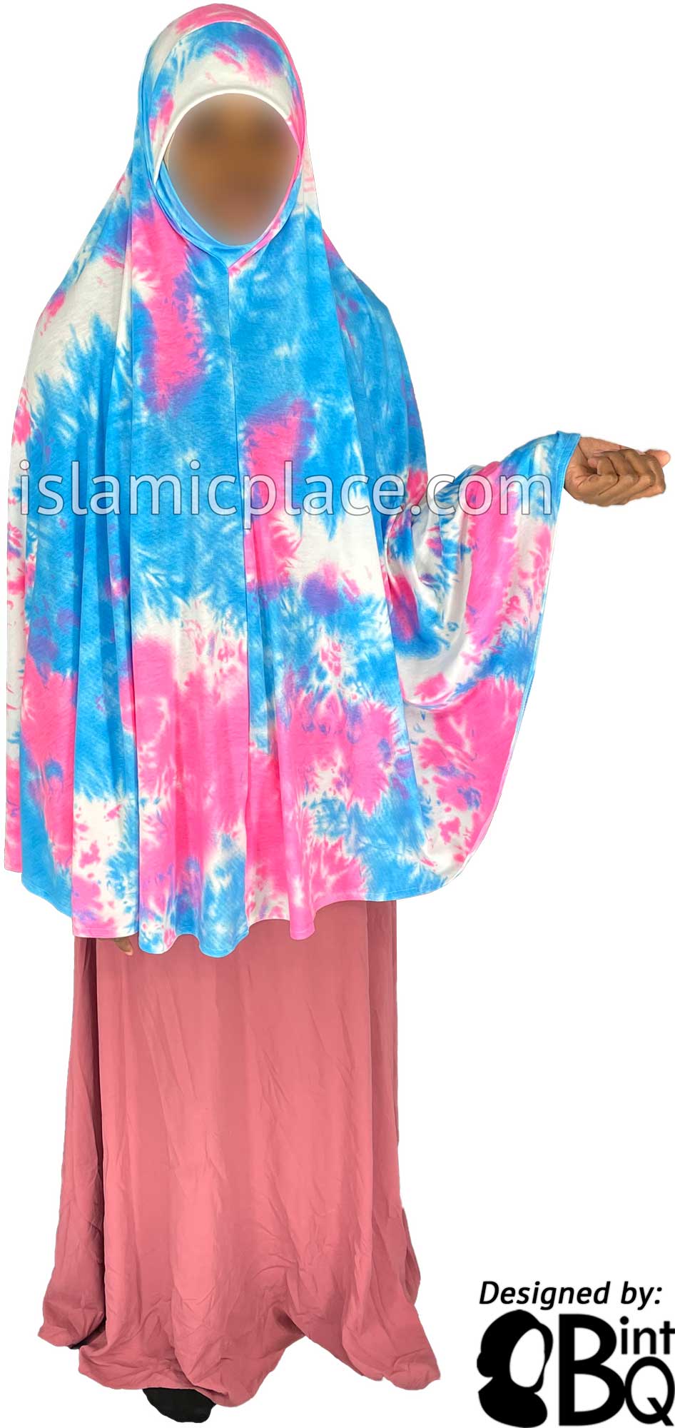 Sky Blue, Pink and White Tie-Dye Design - Printed Overhead Khimar - Extra Long Knee Length