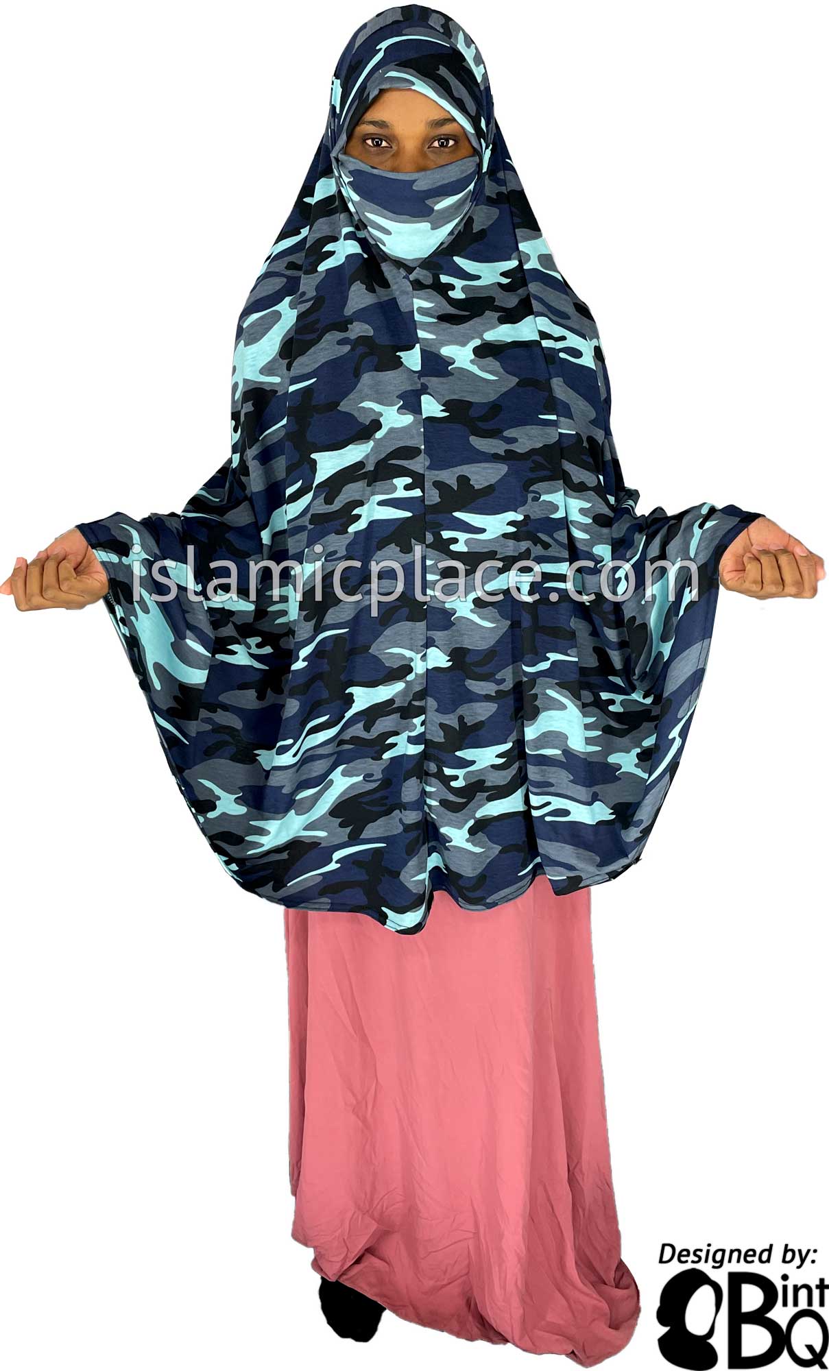Navy Blue, Charcoal Gray and Baby Blue Cameoflage Design - Printed Overhead Khimar - Extra Long Knee Length
