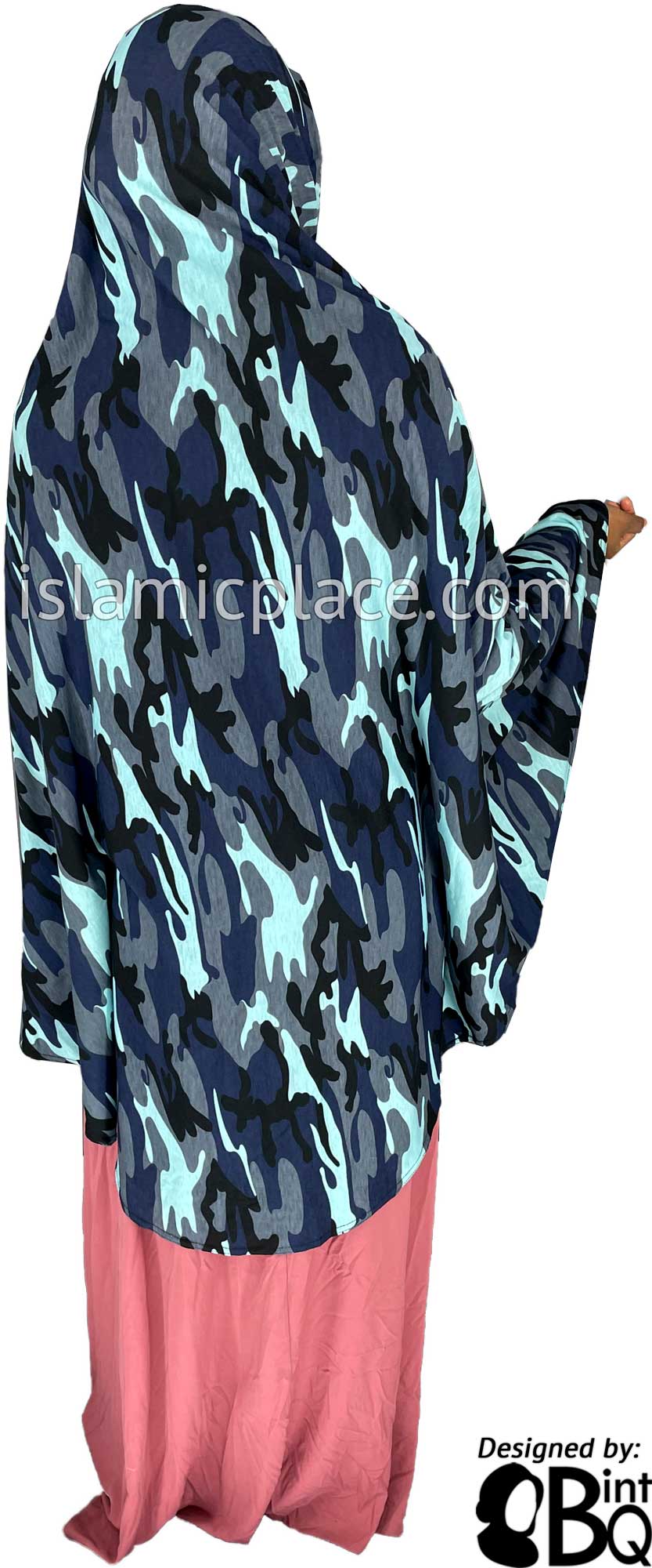 Navy Blue, Charcoal Gray and Baby Blue Cameoflage Design - Printed Overhead Khimar - Extra Long Knee Length