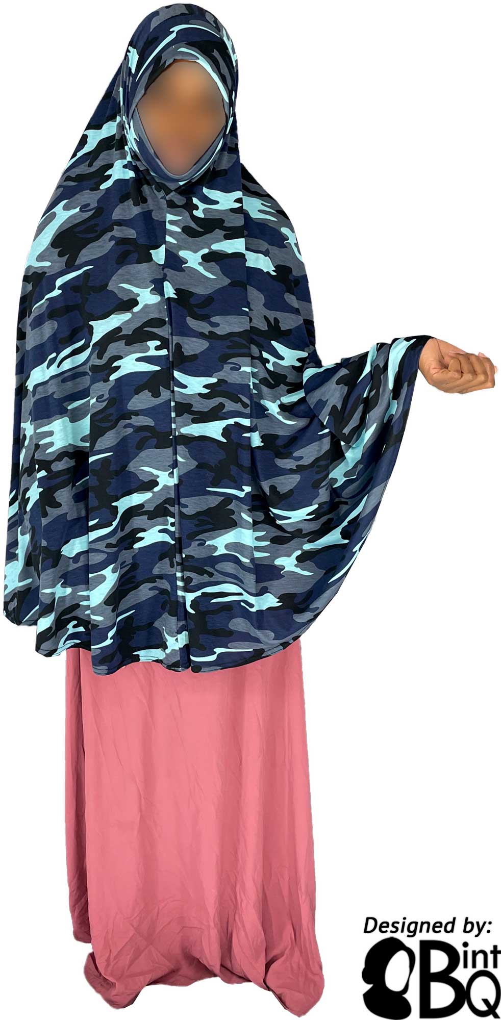 Navy Blue, Charcoal Gray and Baby Blue Cameoflage Design - Printed Overhead Khimar - Extra Long Knee Length