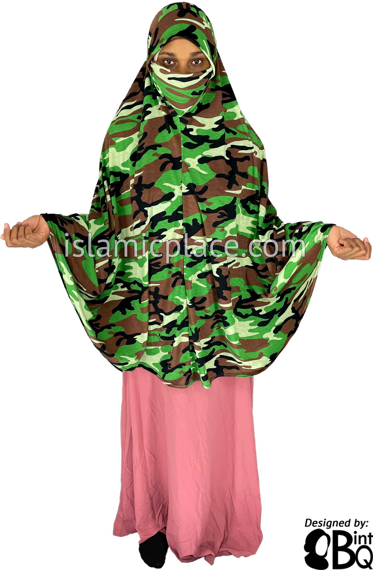 Shades of Green, Brown and Black Cameoflage Design - Printed Overhead Khimar - Extra Long Knee Length