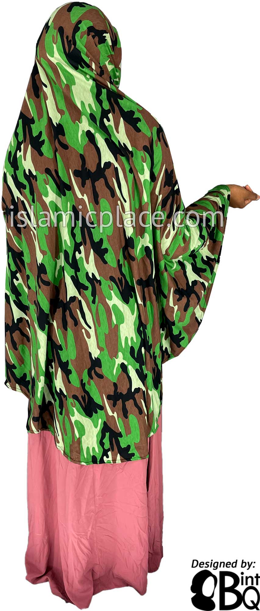 Shades of Green, Brown and Black Cameoflage Design - Printed Overhead Khimar - Extra Long Knee Length